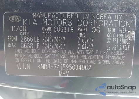 2009 Kia Borrego Lx V6 from USA, damaged, VIN KNDJH741595034962